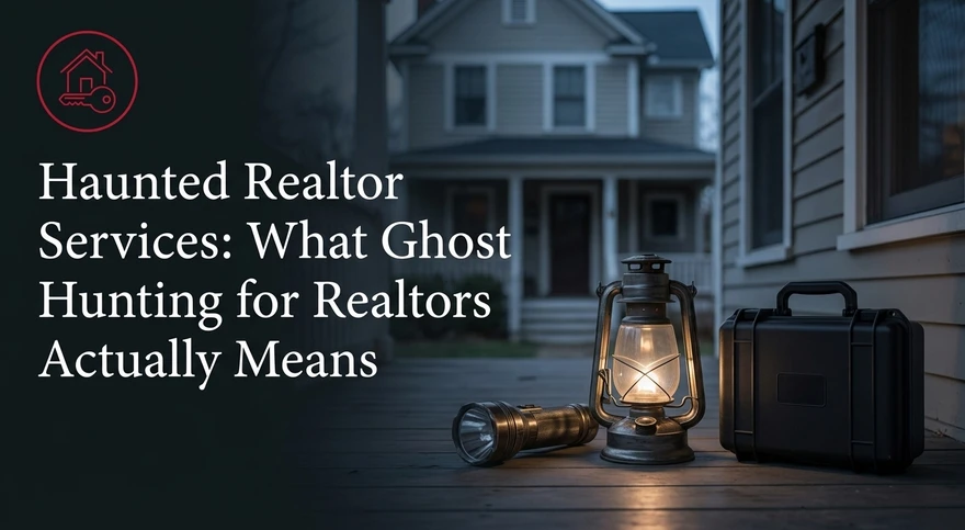 A realtor’s for-sale sign in front of an older home with a reported history